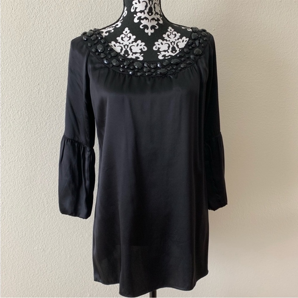 Chenault 100% silk Black jeweled top tunic Chenault small oversized 3/4 sleeve